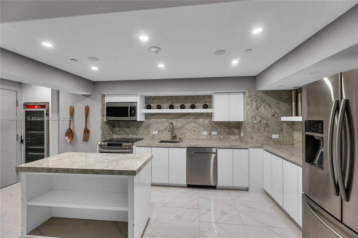 Interior, Kitchen, Marble, Recessed Lighting, Stainless Steel Appliances