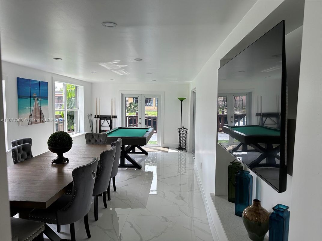 Billiard Table, Dining room, Fitness Equipment, Game Room, Interior, Marble, Recessed Lighting