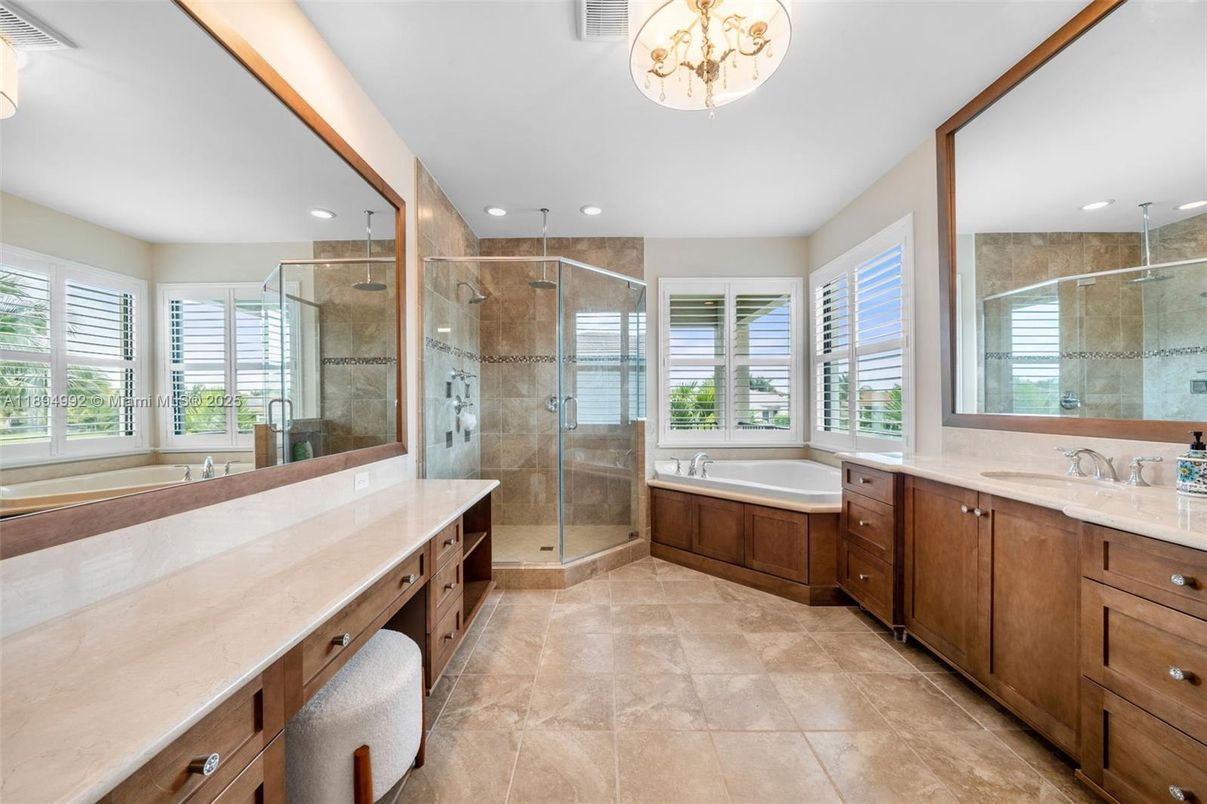 Bathroom, Dual Sink Vanities, Glass Shower, Interior, Recessed Lighting