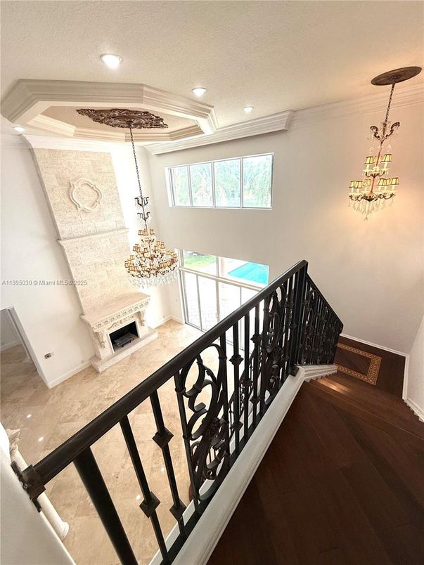 Chandelier, Fireplace, Interior, Recessed Lighting, Wood Texture Flooring