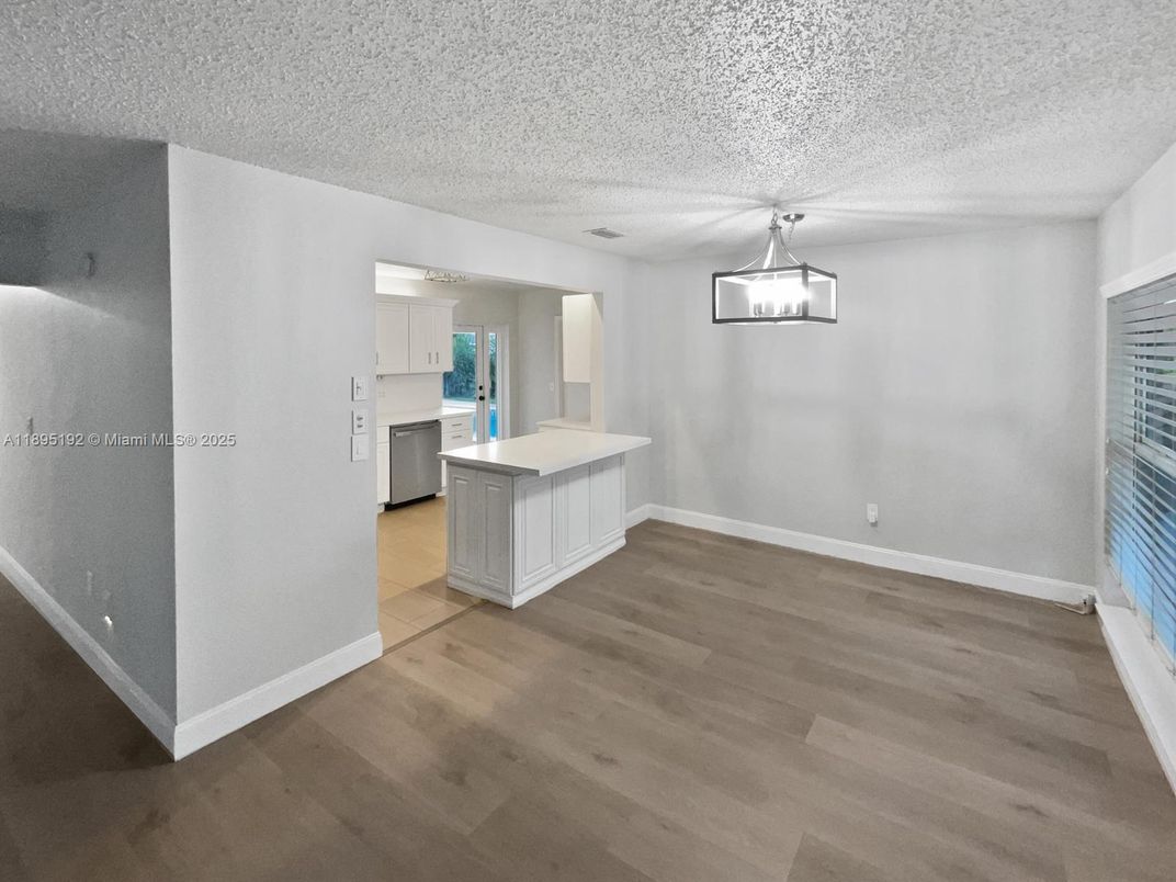 Empty room, Interior, Kitchen, Pendant Lights, Wood Texture Flooring