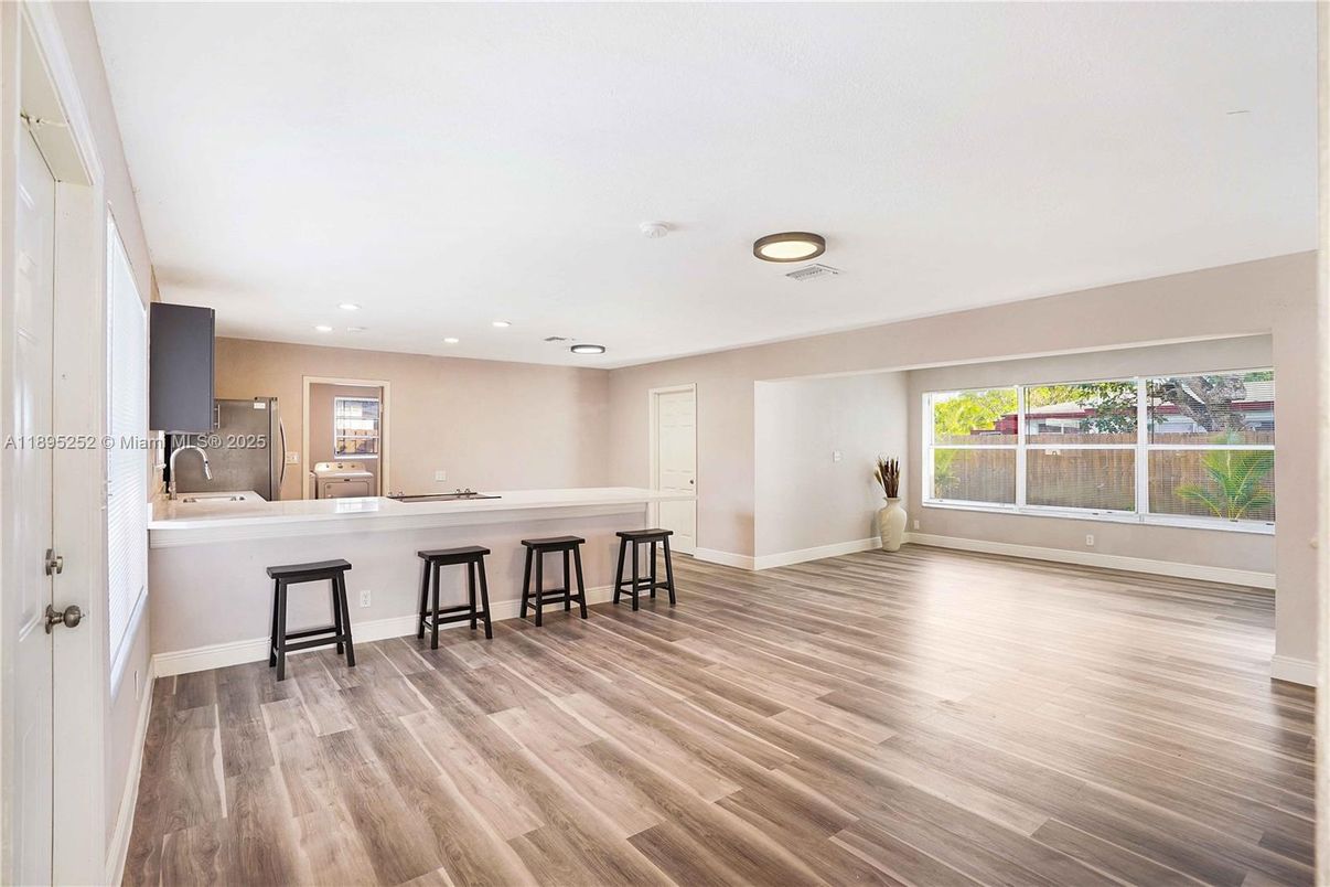 Empty room, Interior, Kitchen, Recessed Lighting, Wood Texture Flooring