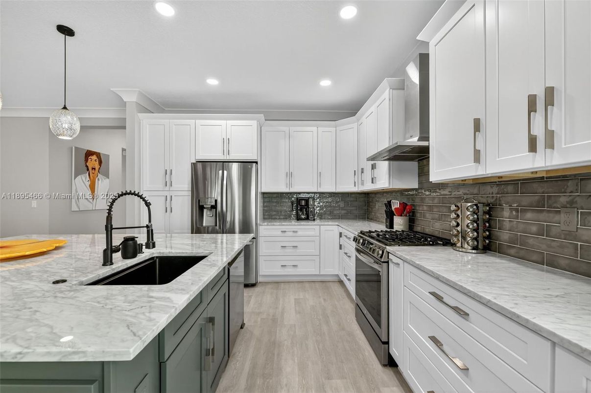 Interior, Kitchen, Pendant Lights, Recessed Lighting, Stainless Steel Appliances, Wood Texture Flooring