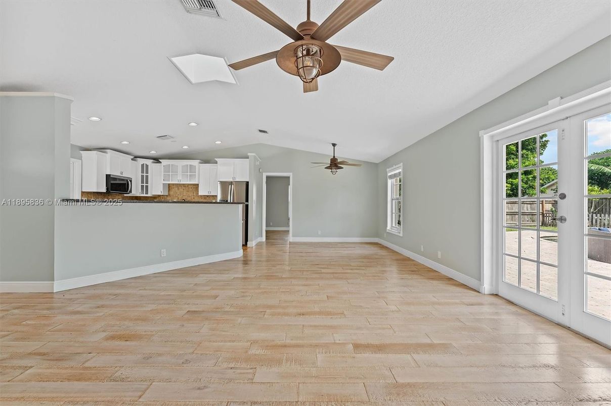 Empty room, Interior, Kitchen, Recessed Lighting, Wood Texture Flooring