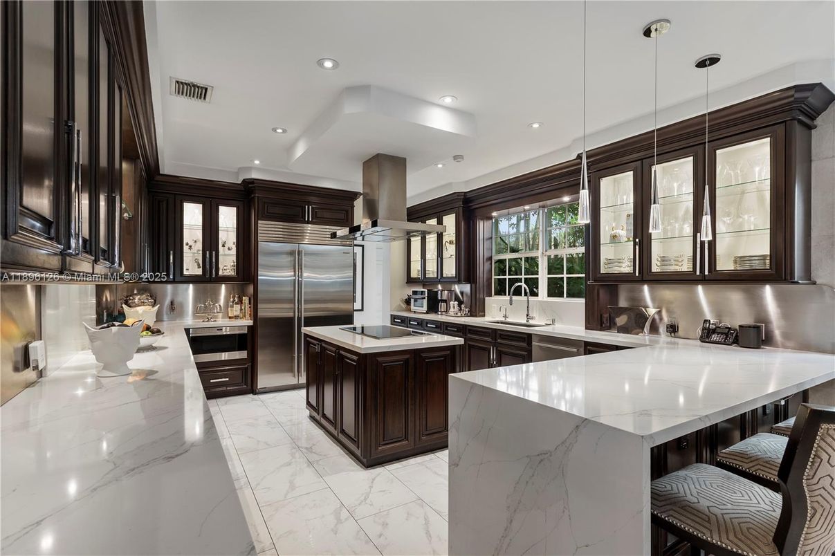 Interior, Kitchen, Marble, Pendant Lights, Recessed Lighting, Stainless Steel Appliances