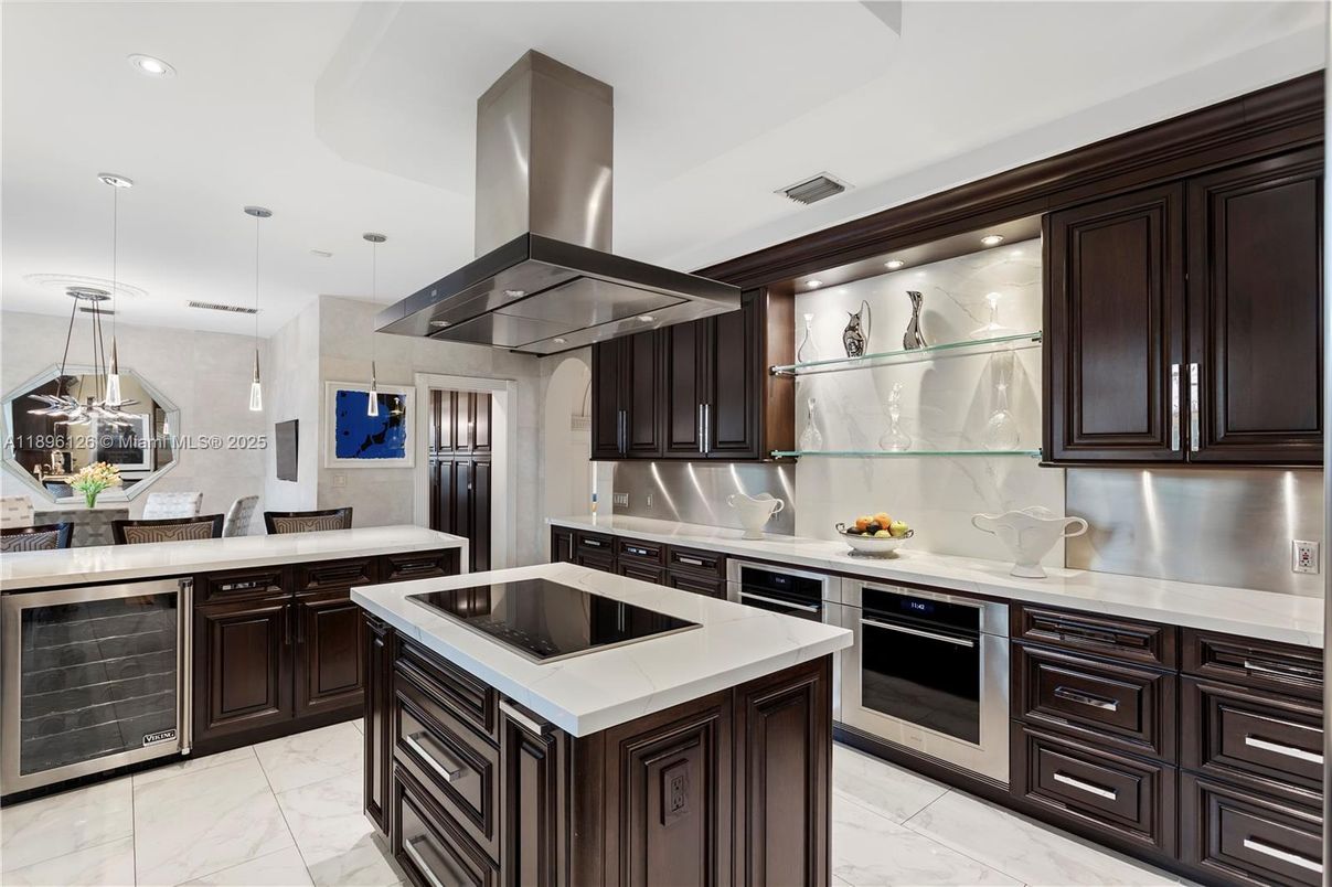 Dining room, Interior, Kitchen, Marble, Pendant Lights, Recessed Lighting, Stainless Steel Appliances