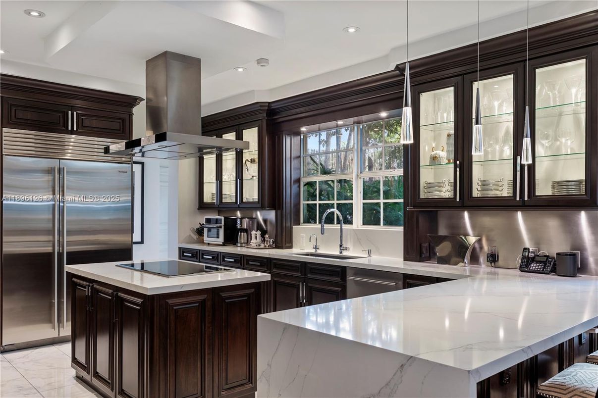 Interior, Kitchen, Marble, Pendant Lights, Recessed Lighting, Stainless Steel Appliances