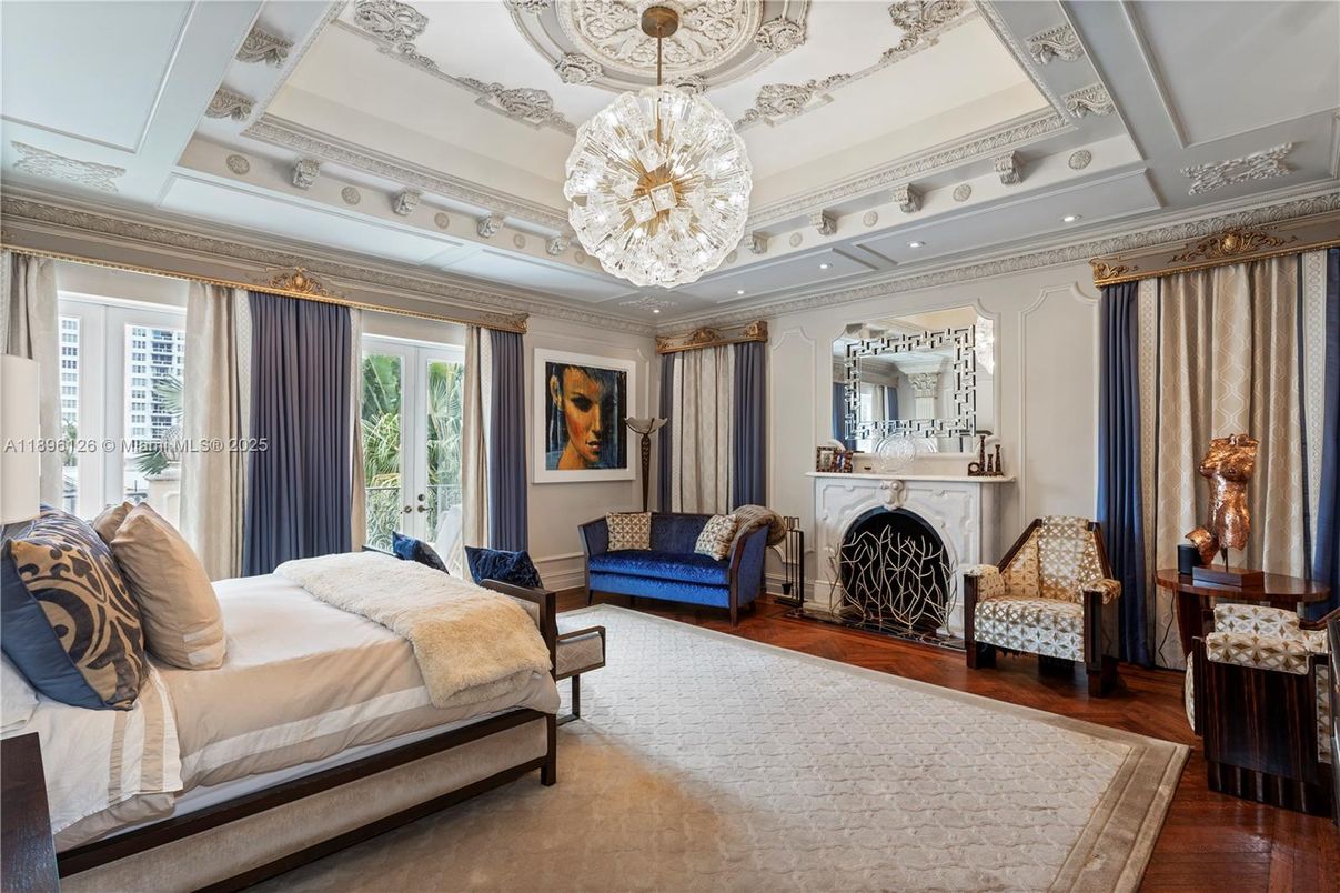 Bedroom, Chandelier, Fireplace, Interior, Recessed Lighting, Wood Texture Flooring