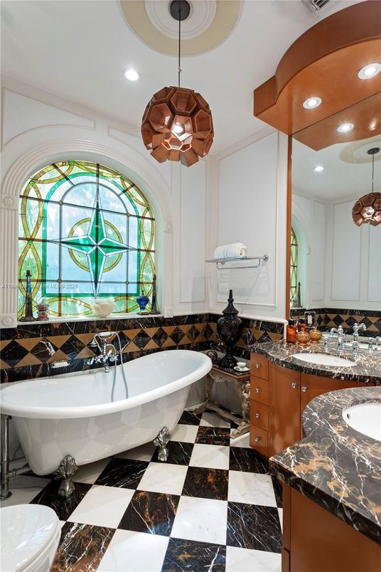 Bathroom, Dual Sink Vanities, Free Standing Baths, Interior, Marble, Pendant Lights, Recessed Lighting