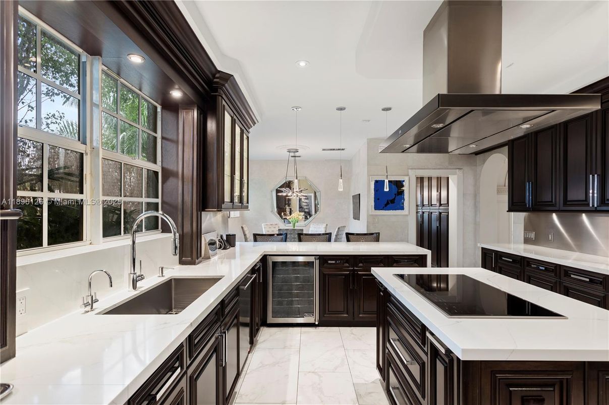 Interior, Kitchen, Marble, Pendant Lights, Recessed Lighting, Stainless Steel Appliances