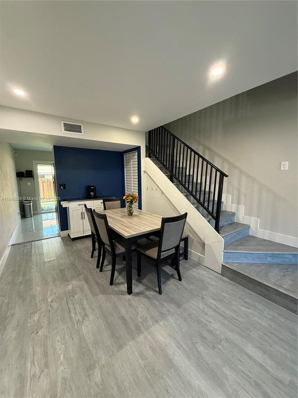 Dining room, Interior, Recessed Lighting, Wood Texture Flooring
