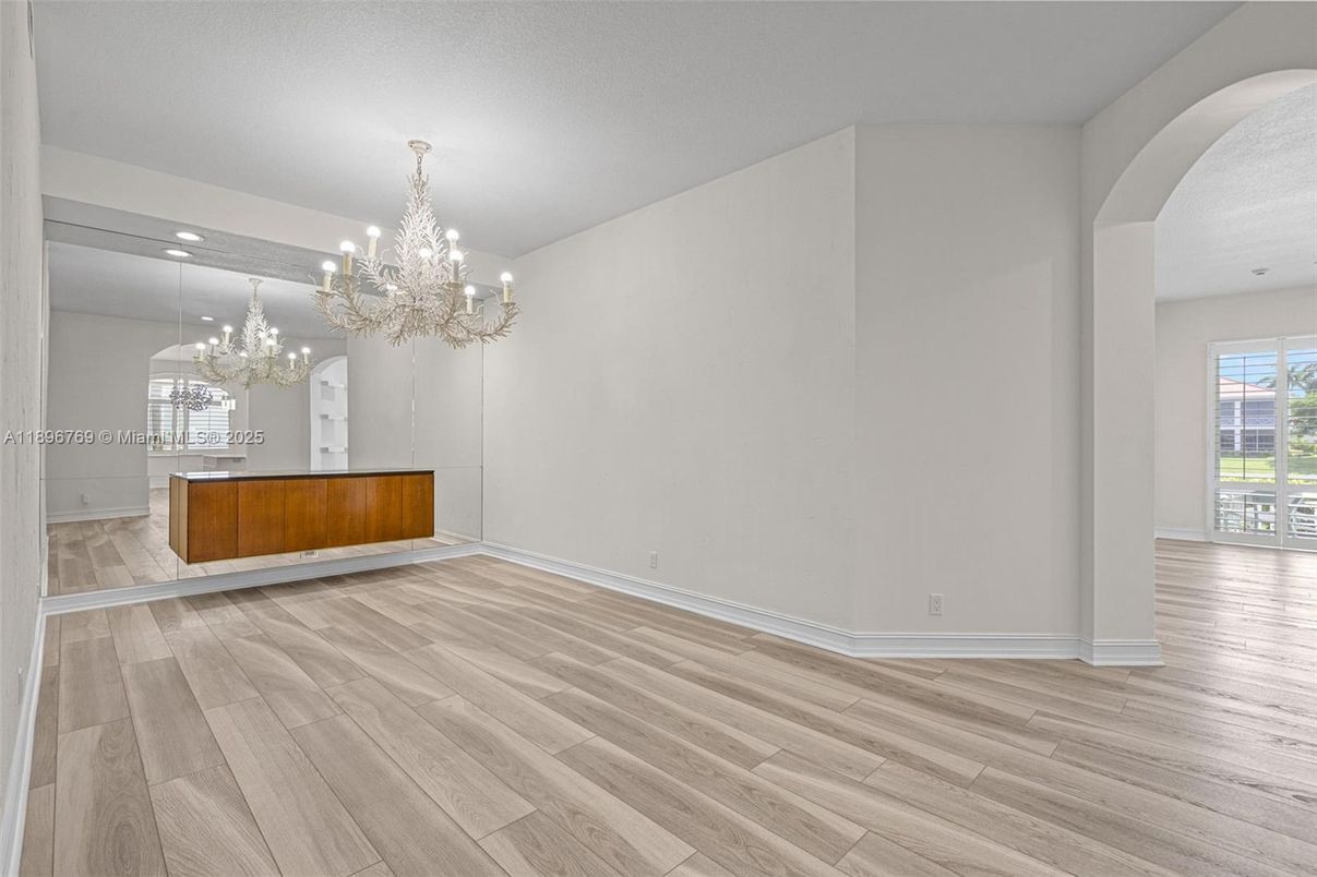Chandelier, Empty room, Interior, Recessed Lighting, Wood Texture Flooring