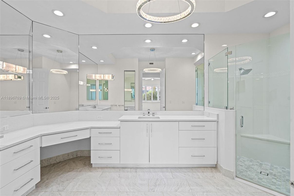 Bathroom, Dual Sink Vanities, Glass Shower, Interior, Marble, Pendant Lights, Recessed Lighting