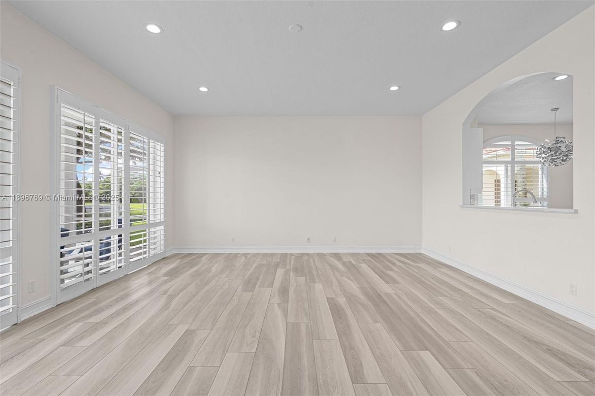 Chandelier, Empty room, Interior, Recessed Lighting, Wood Texture Flooring