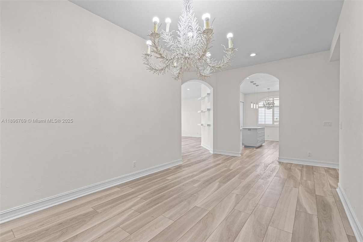 Chandelier, Empty room, Interior, Recessed Lighting, Wood Texture Flooring