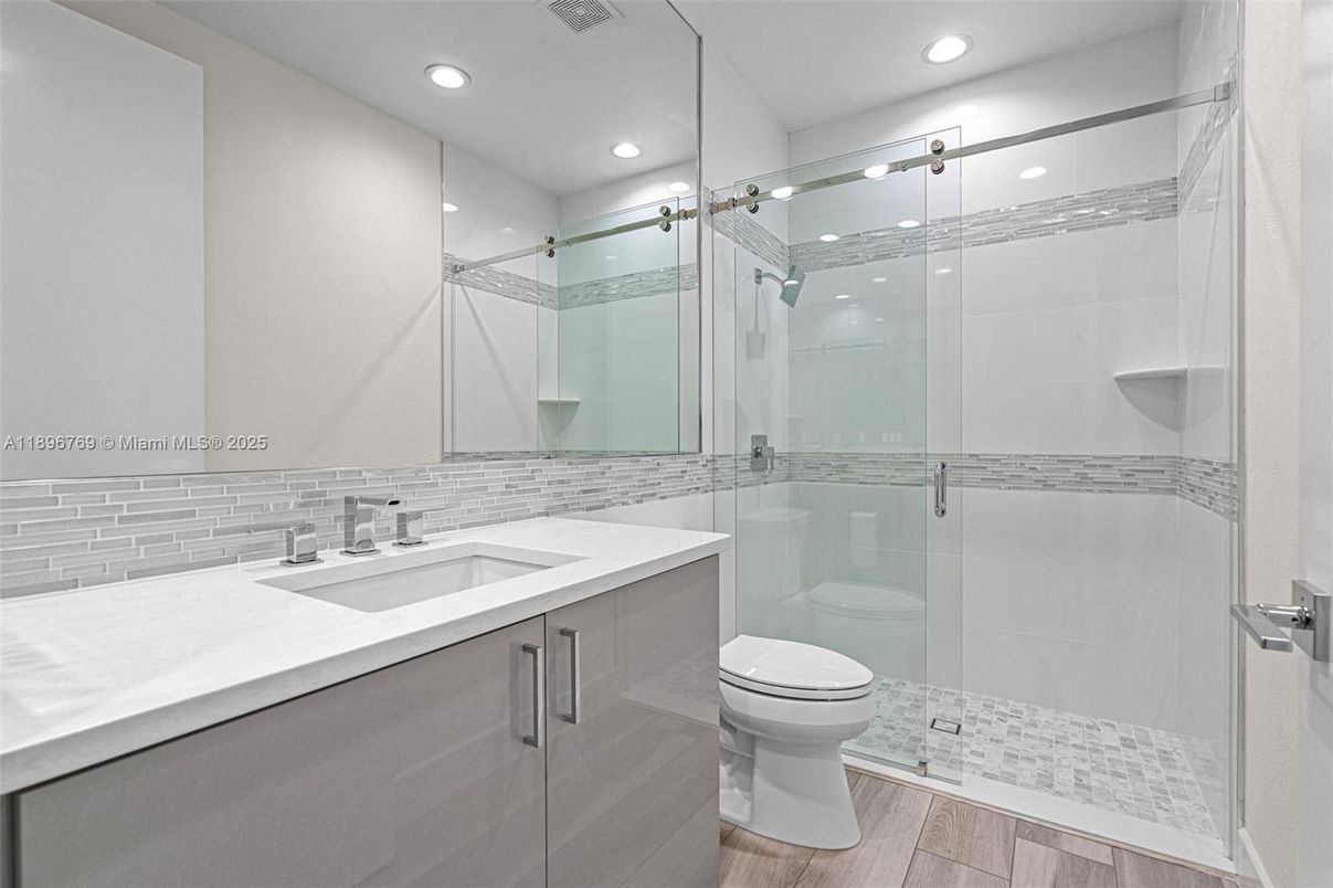 Bathroom, Glass Shower, Interior, Recessed Lighting, Wood Texture Flooring