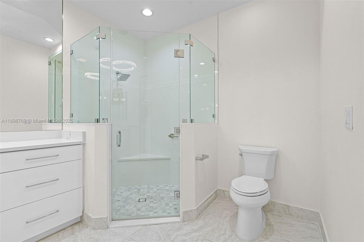 Bathroom, Glass Shower, Interior, Marble, Recessed Lighting