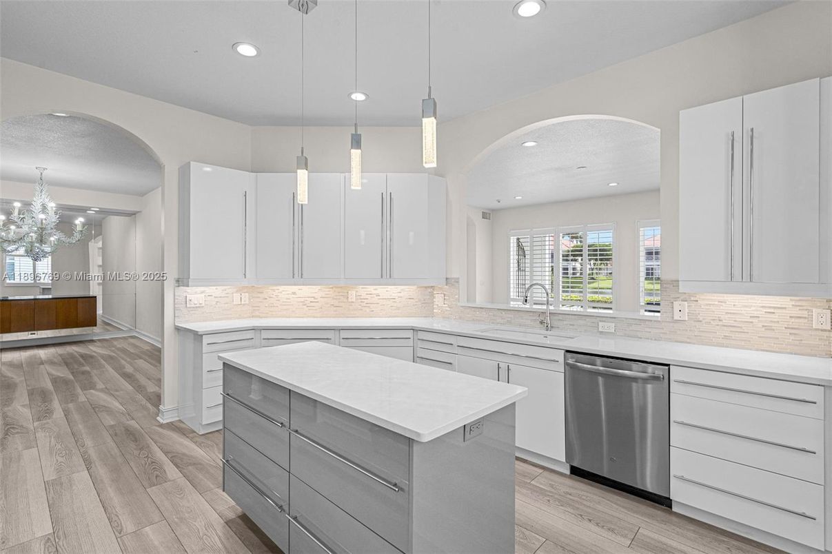 Interior, Kitchen, Pendant Lights, Recessed Lighting, Stainless Steel Appliances, Wood Texture Flooring