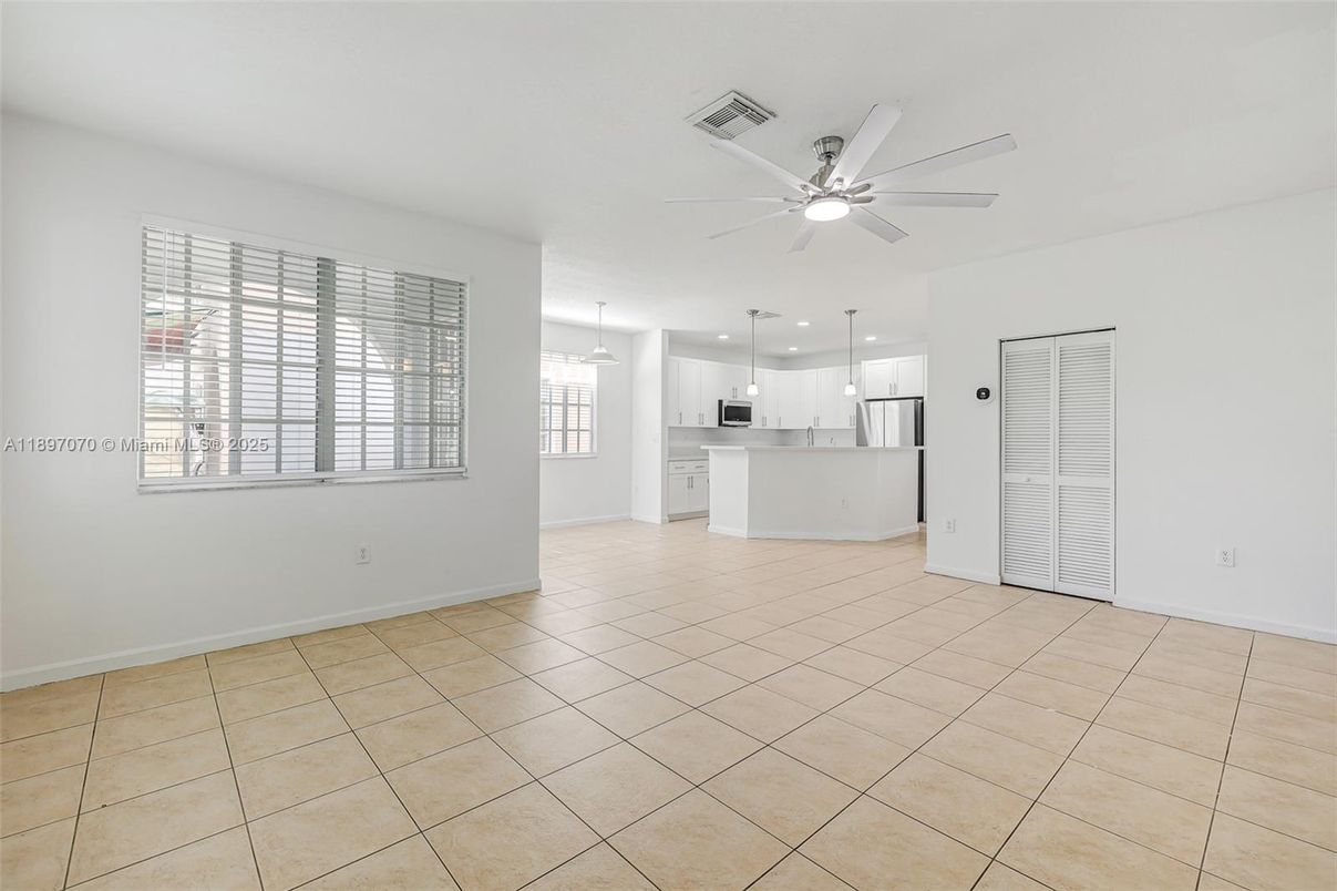 Empty room, Interior, Kitchen, Pendant Lights, Recessed Lighting, Stainless Steel Appliances