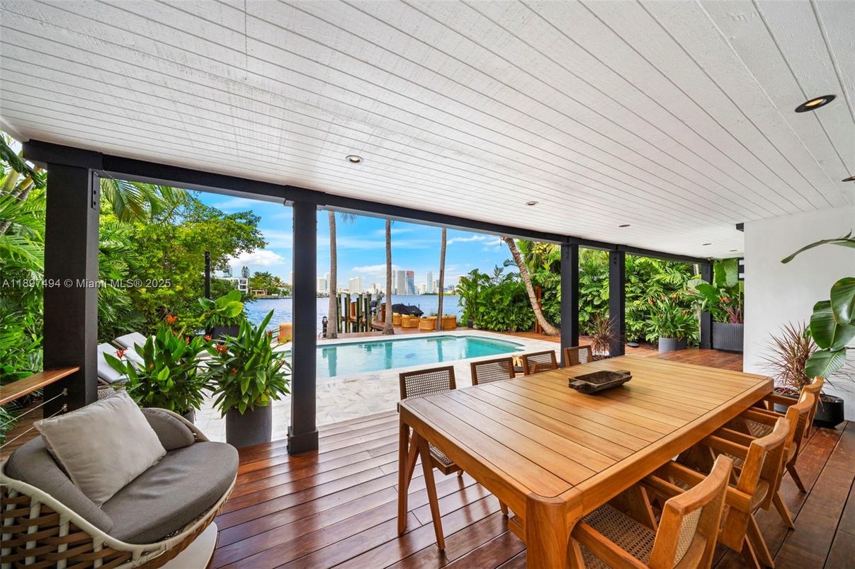 Dining room, Interior, Pool, Recessed Lighting, Water, Wood Texture Flooring