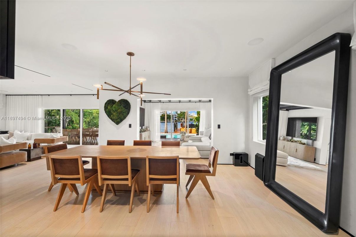Dining room, Interior, Living room, Pendant Lights, Recessed Lighting, Wood Texture Flooring