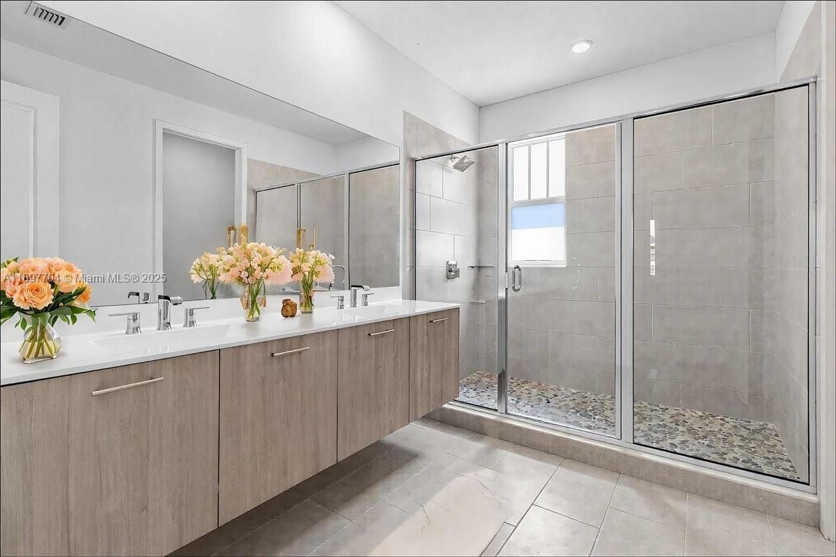 Bathroom, Dual Sink Vanities, Glass Shower, Interior, Recessed Lighting