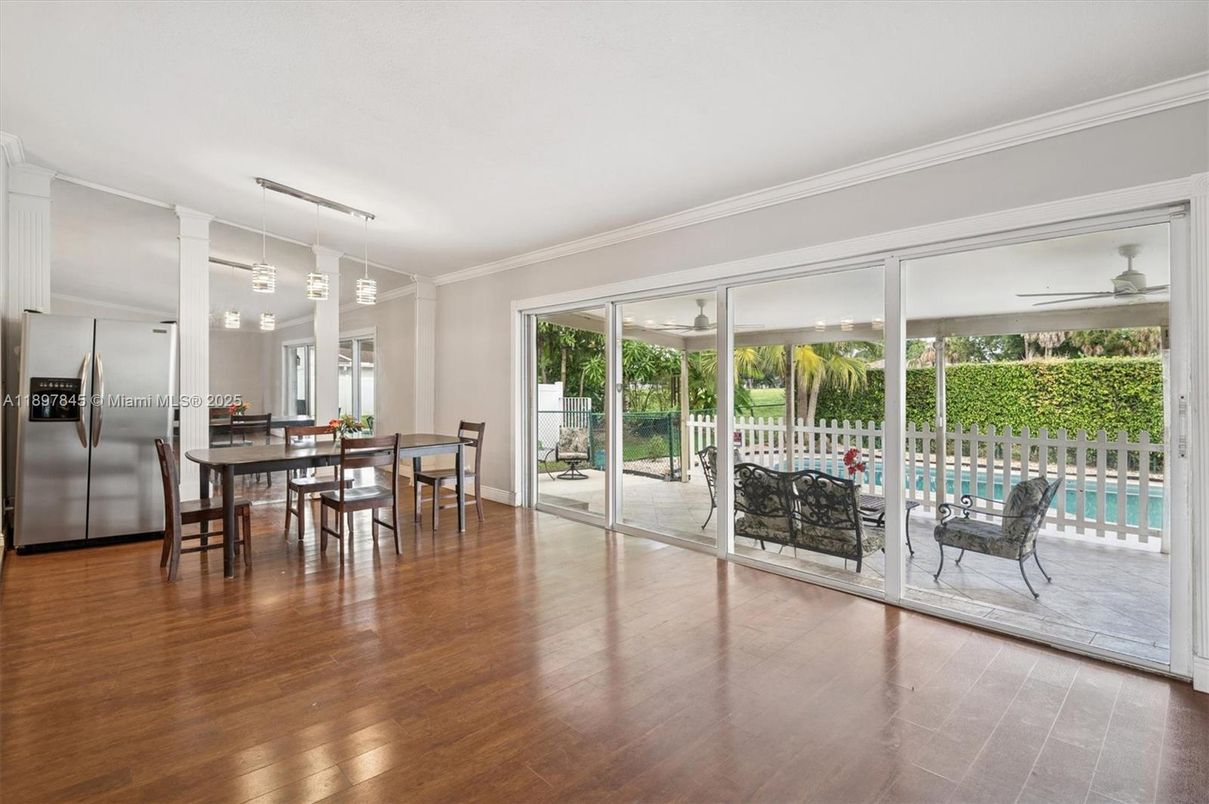 Dining room, Interior, Pendant Lights, Wood Texture Flooring