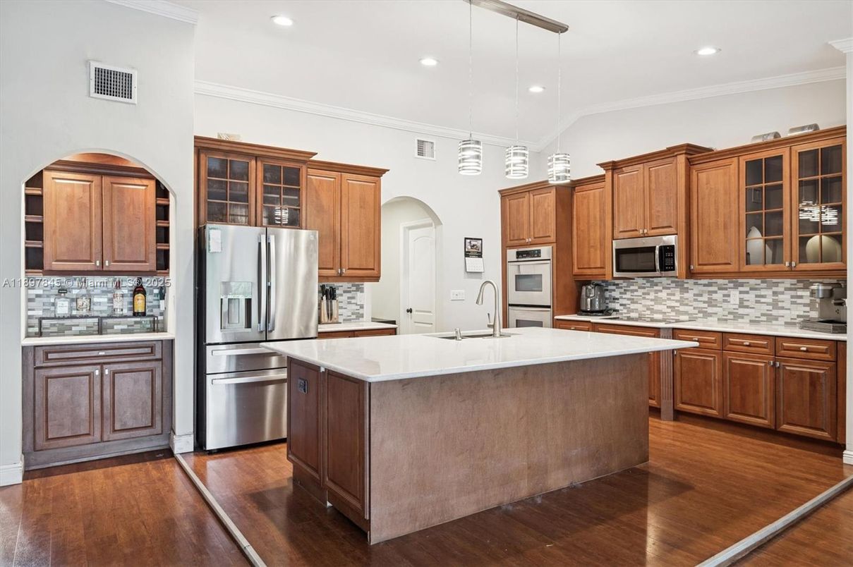 Interior, Kitchen, Pendant Lights, Recessed Lighting, Stainless Steel Appliances, Wood Texture Flooring