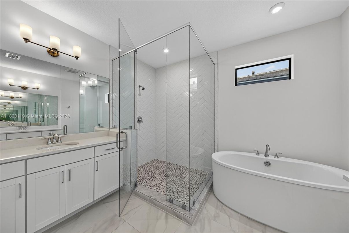 Bathroom, Dual Sink Vanities, Free Standing Baths, Glass Shower, Interior, Marble, Recessed Lighting
