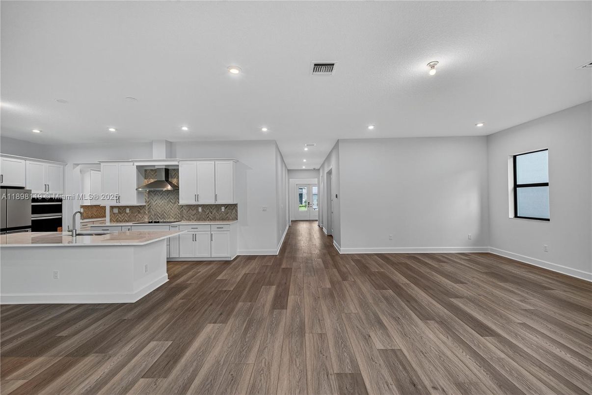 Empty room, Interior, Kitchen, Recessed Lighting, Wood Texture Flooring