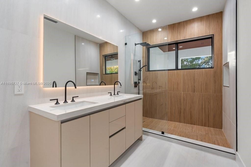 Bathroom, Dual Sink Vanities, Glass Shower, Interior, Recessed Lighting