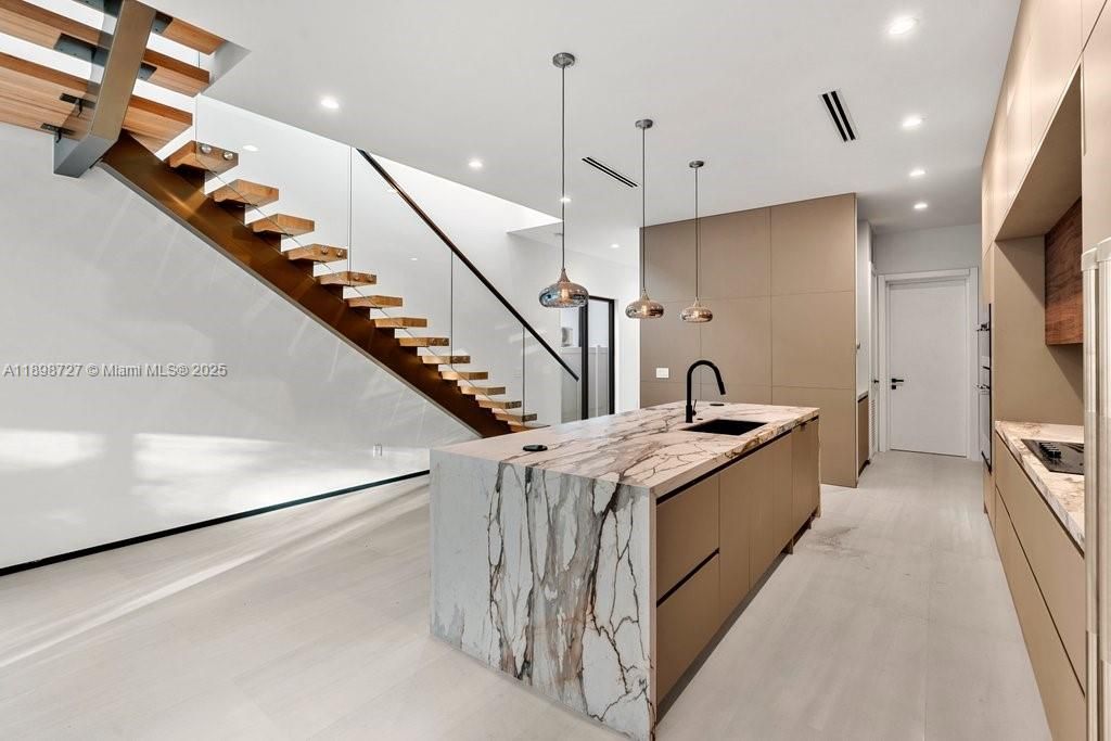 Interior, Kitchen, Pendant Lights, Recessed Lighting, Wood Texture Flooring