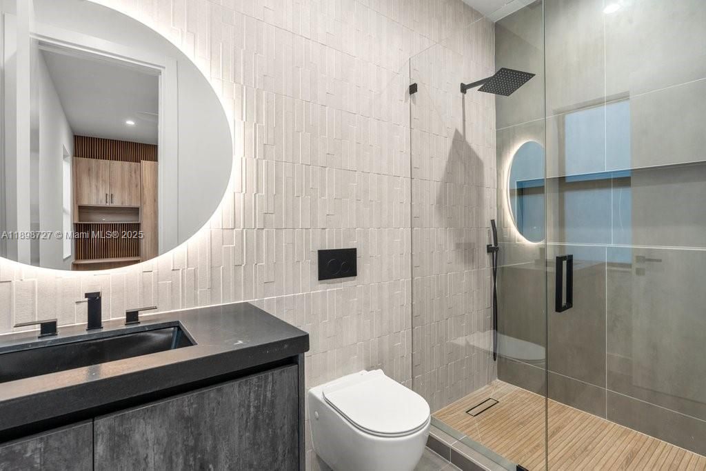 Bathroom, Glass Shower, Interior, Recessed Lighting, Wood Texture Flooring