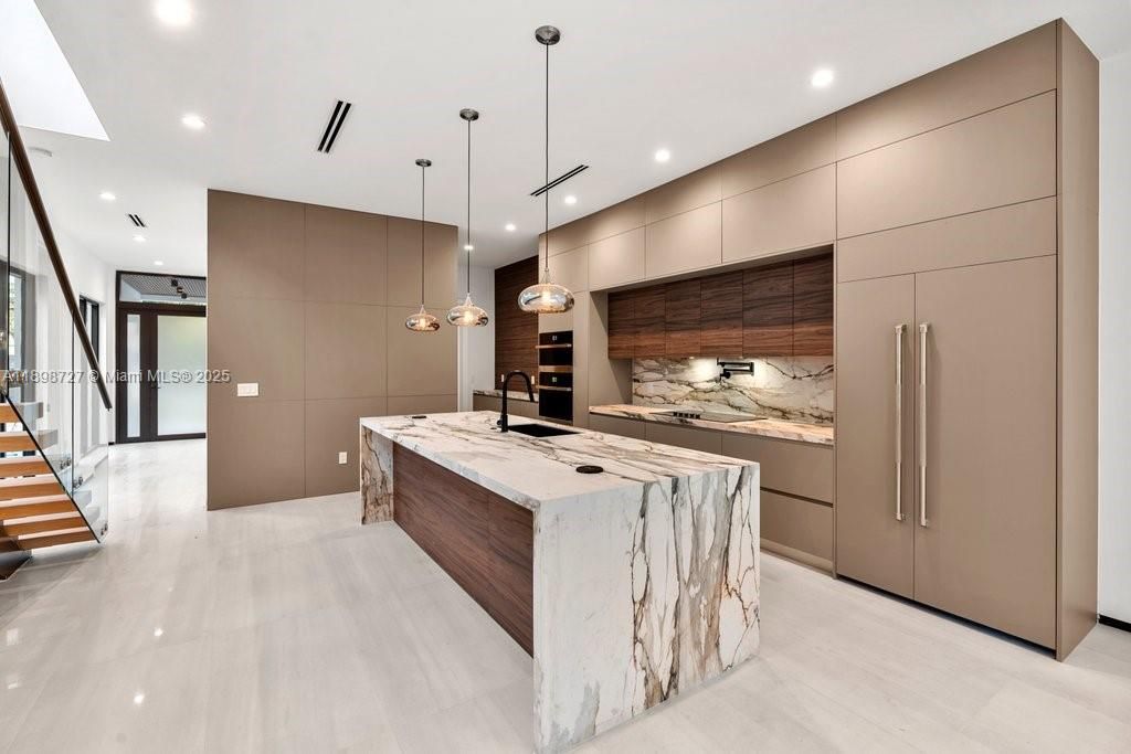 Interior, Kitchen, Marble Walls, Pendant Lights, Recessed Lighting
