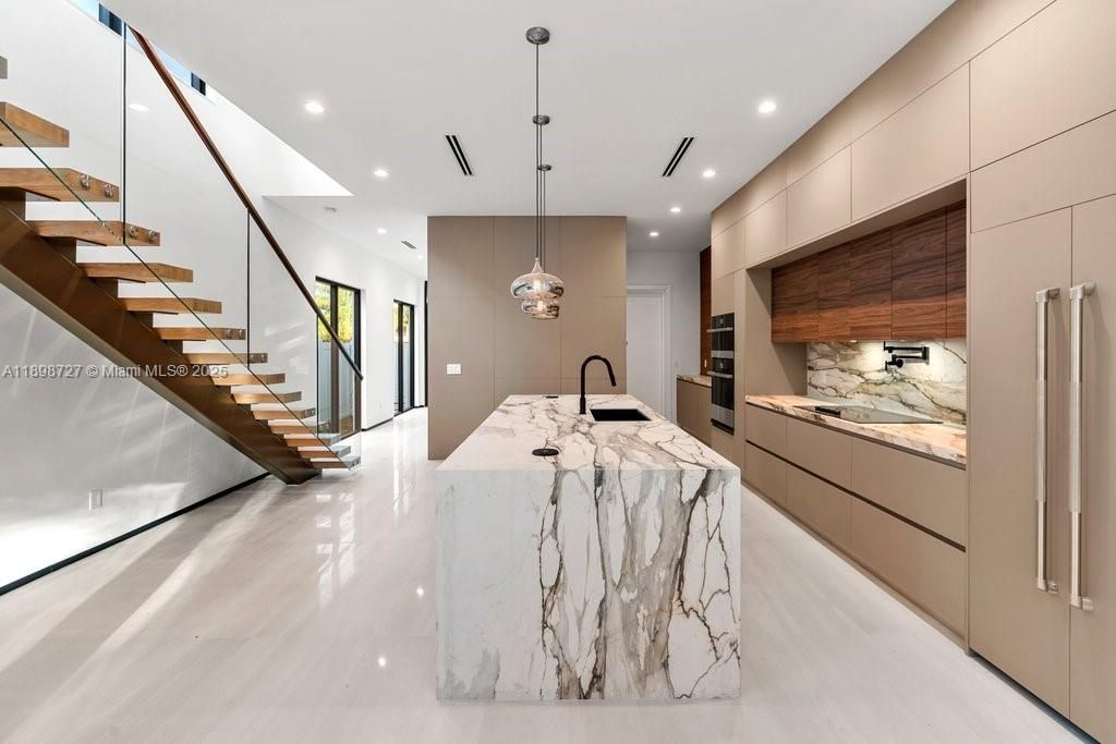 Interior, Kitchen, Marble Walls, Pendant Lights, Recessed Lighting