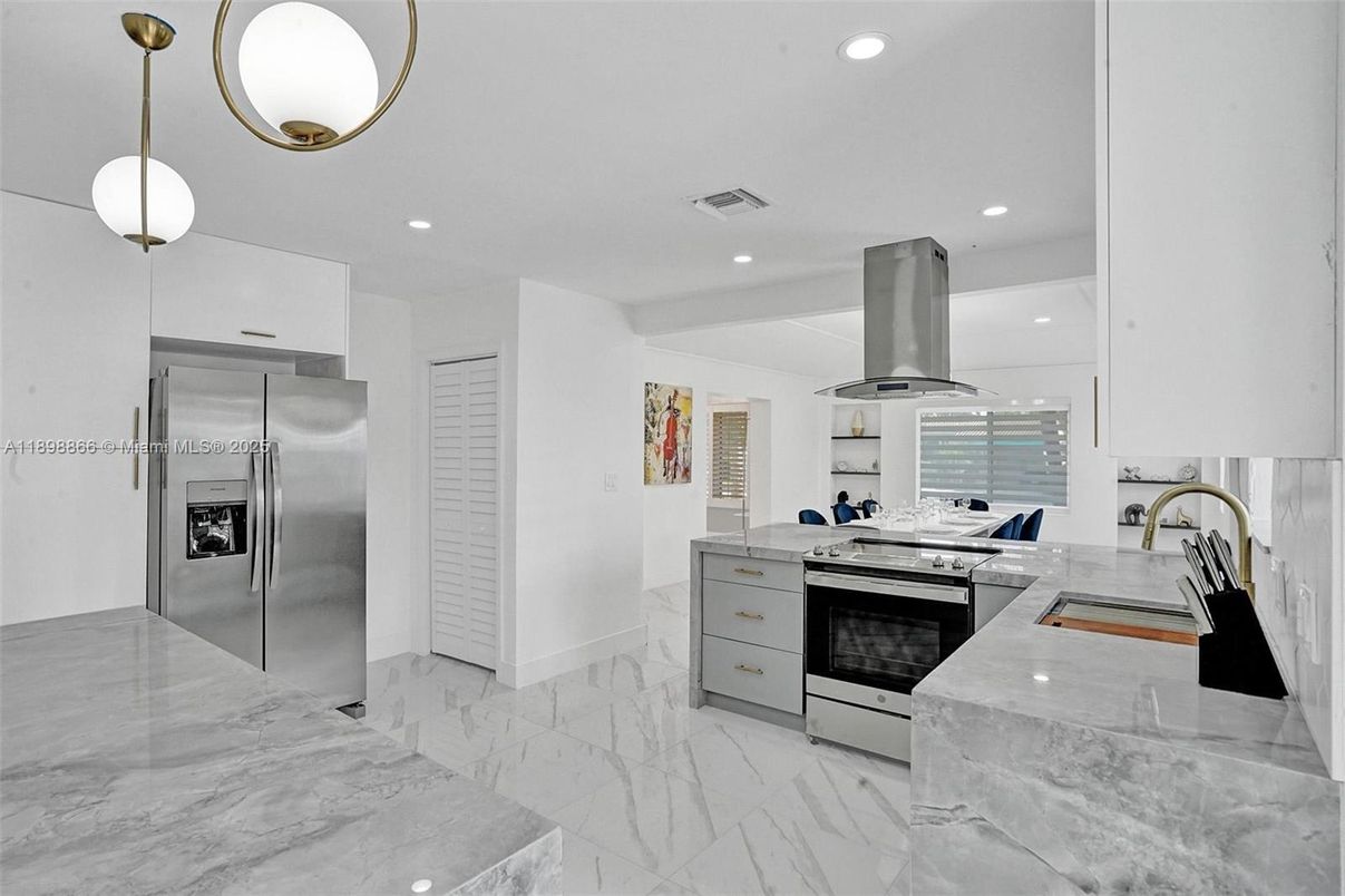 Interior, Kitchen, Marble, Pendant Lights, Recessed Lighting, Stainless Steel Appliances