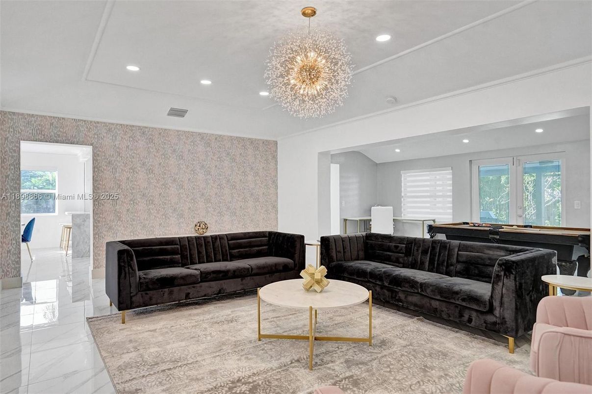 Billiard Table, Chandelier, Interior, Living room, Marble, Recessed Lighting