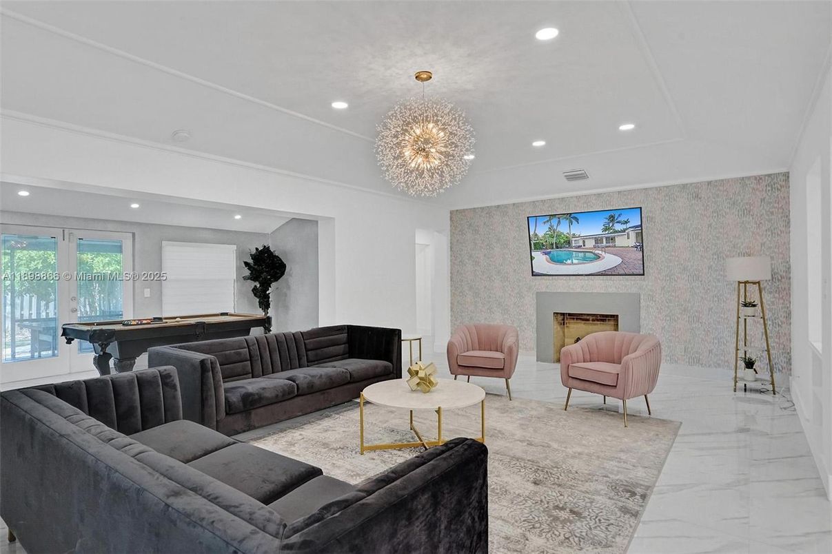 Billiard Table, Chandelier, Game Room, Interior, Living room, Marble, Recessed Lighting