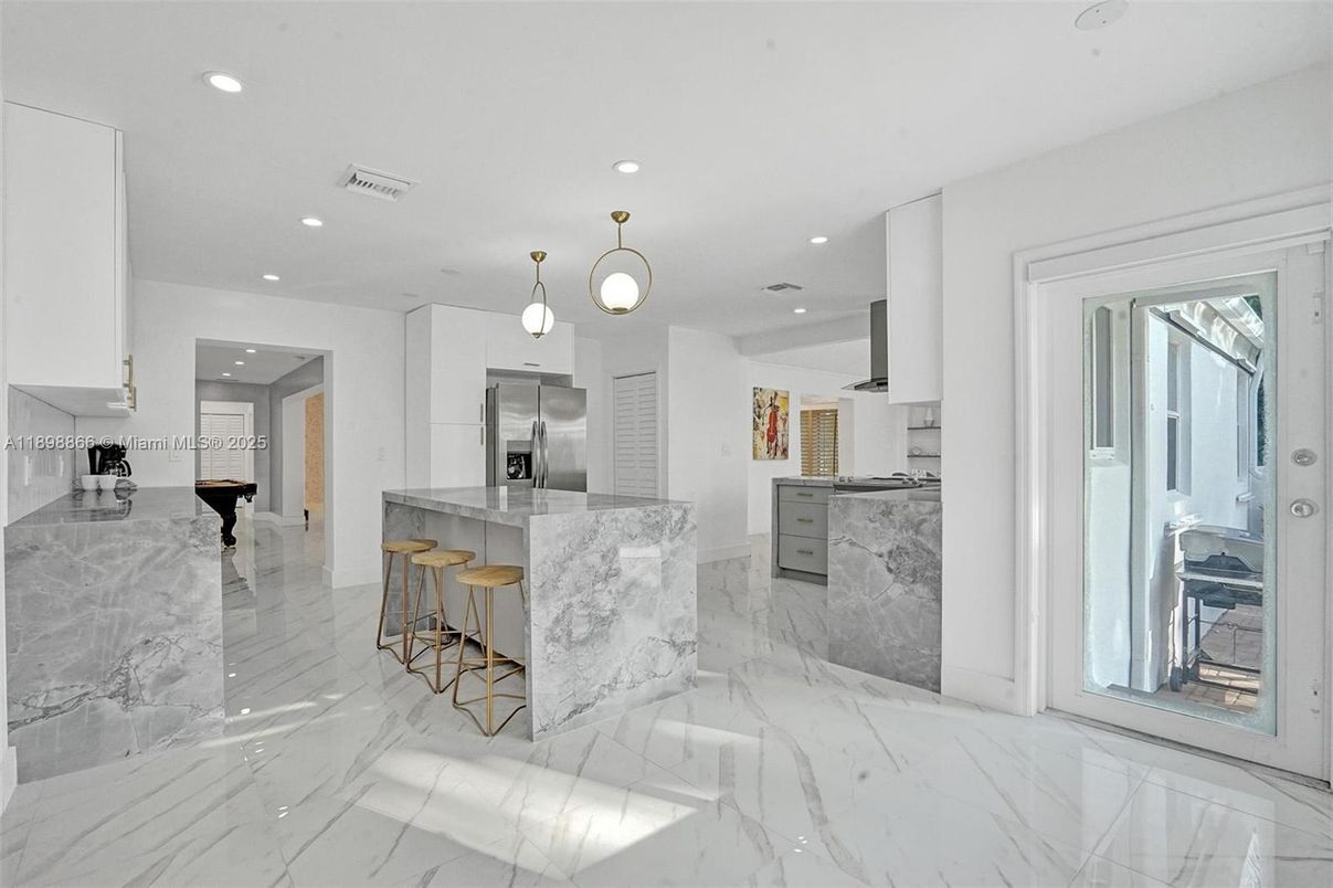 Interior, Kitchen, Marble, Pendant Lights, Recessed Lighting, Stainless Steel Appliances