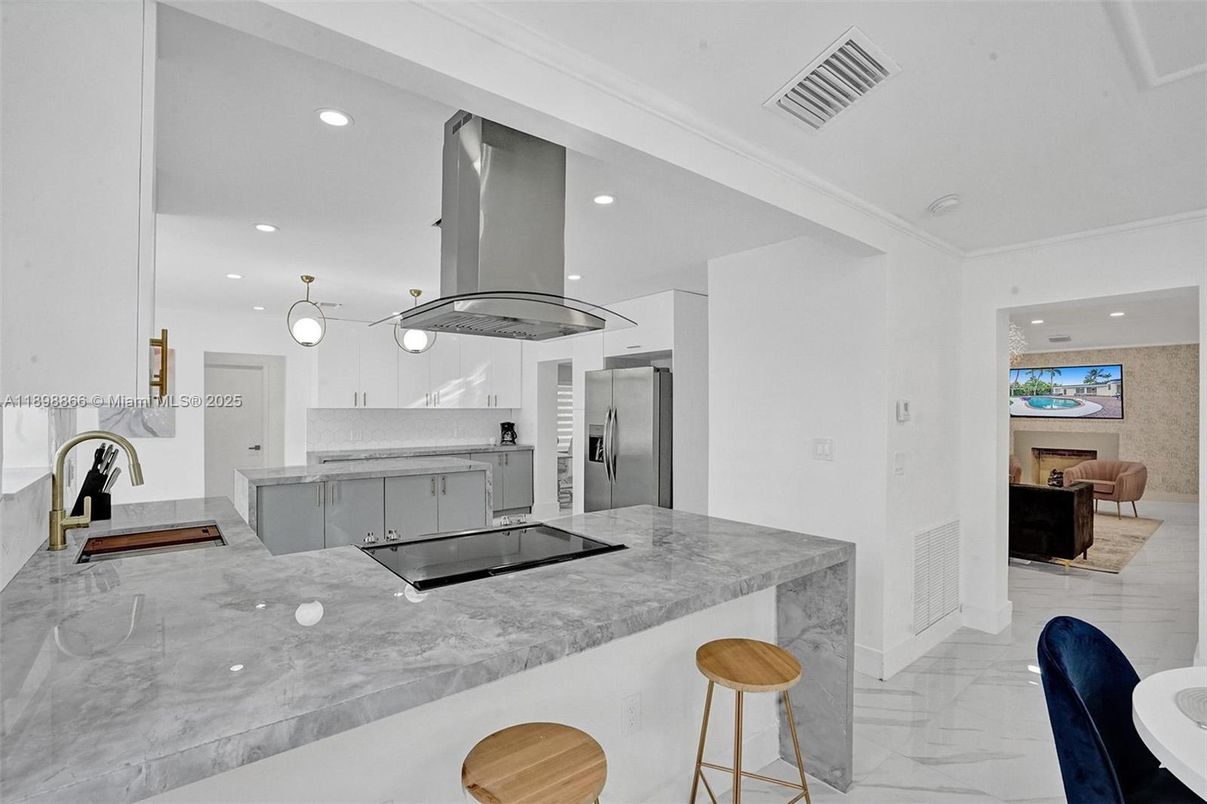 Interior, Kitchen, Marble, Pendant Lights, Recessed Lighting, Stainless Steel Appliances