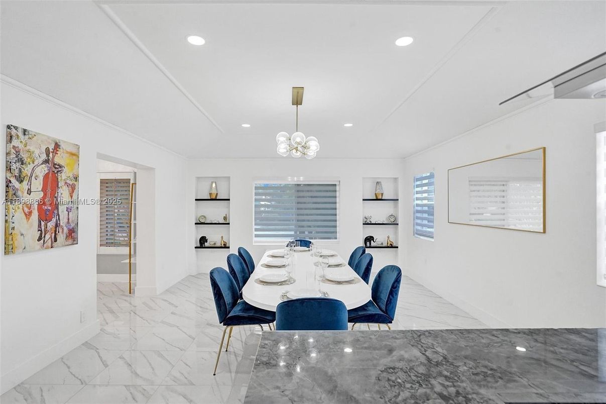 Dining room, Interior, Marble, Pendant Lights, Recessed Lighting