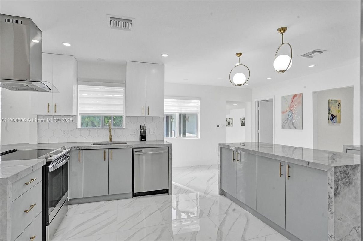 Interior, Kitchen, Marble, Pendant Lights, Recessed Lighting, Stainless Steel Appliances