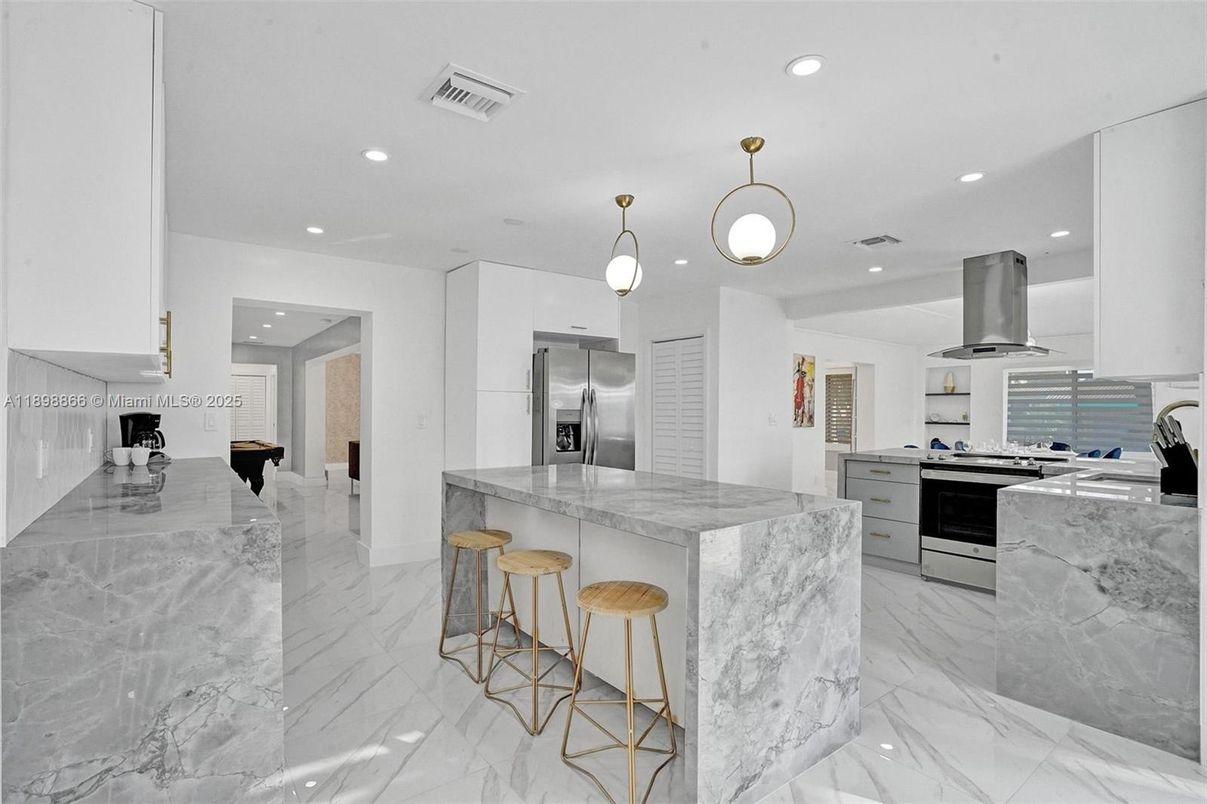 Interior, Kitchen, Marble, Pendant Lights, Recessed Lighting, Stainless Steel Appliances