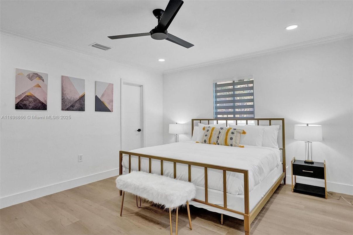 Bedroom, Interior, Recessed Lighting, Wood Texture Flooring