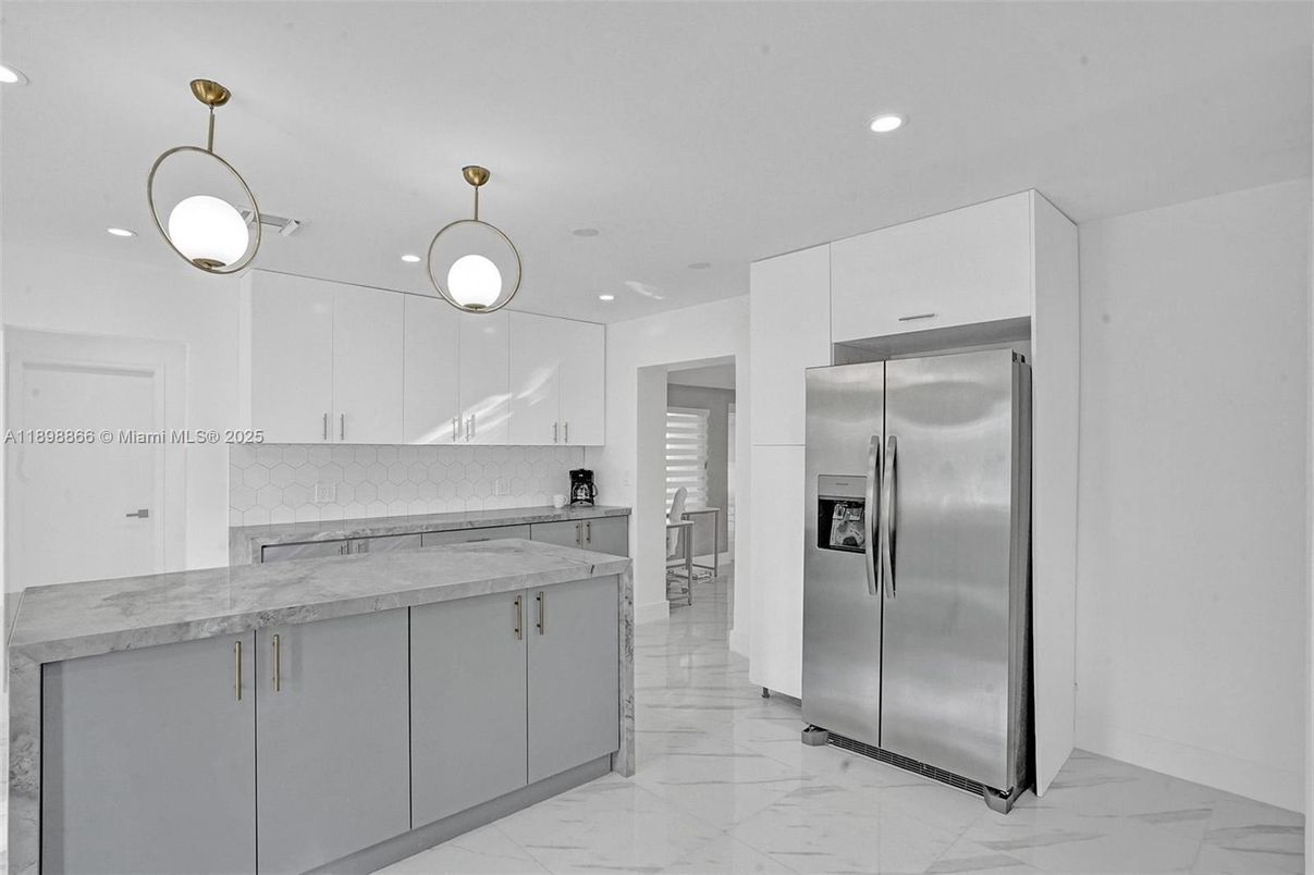 Interior, Kitchen, Marble, Pendant Lights, Recessed Lighting, Stainless Steel Appliances