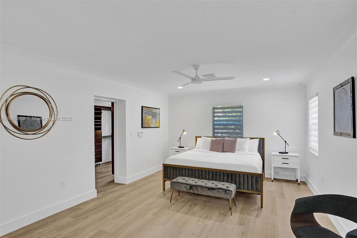 Bedroom, Interior, Recessed Lighting, Wood Texture Flooring