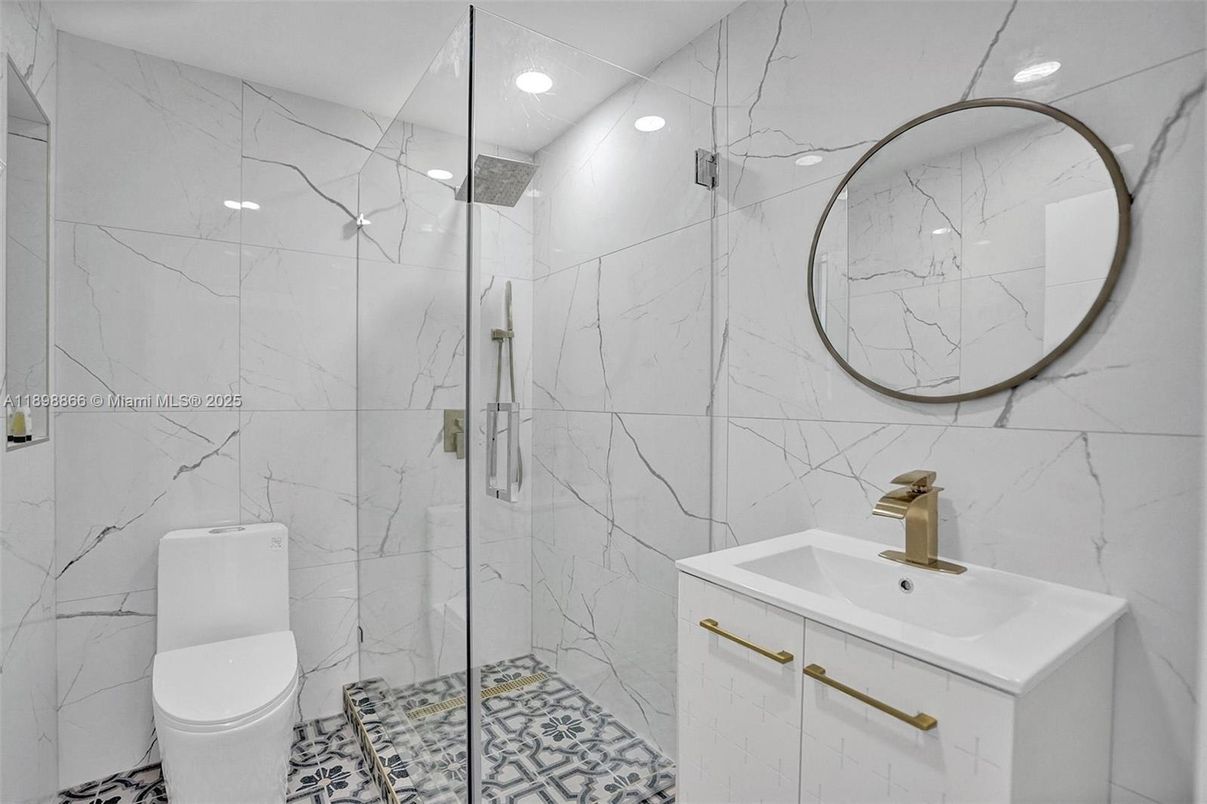 Bathroom, Glass Shower, Interior, Marble Walls, Recessed Lighting