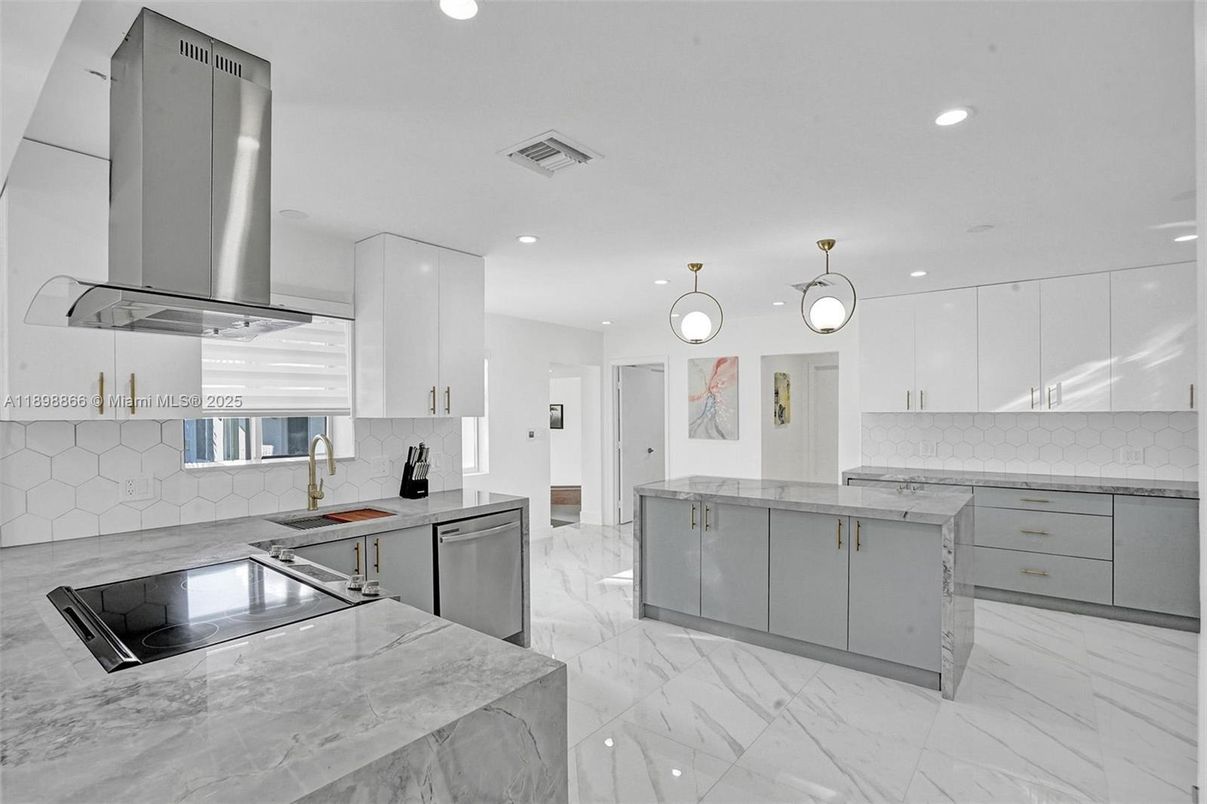 Interior, Kitchen, Marble, Pendant Lights, Recessed Lighting, Stainless Steel Appliances
