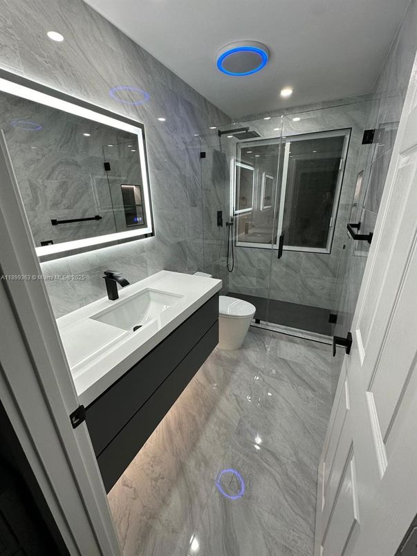 Bathroom, Glass Shower, Interior, Marble, Marble Walls, Recessed Lighting