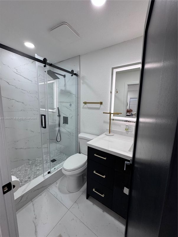 Bathroom, Glass Shower, Interior, Marble, Marble Walls, Recessed Lighting